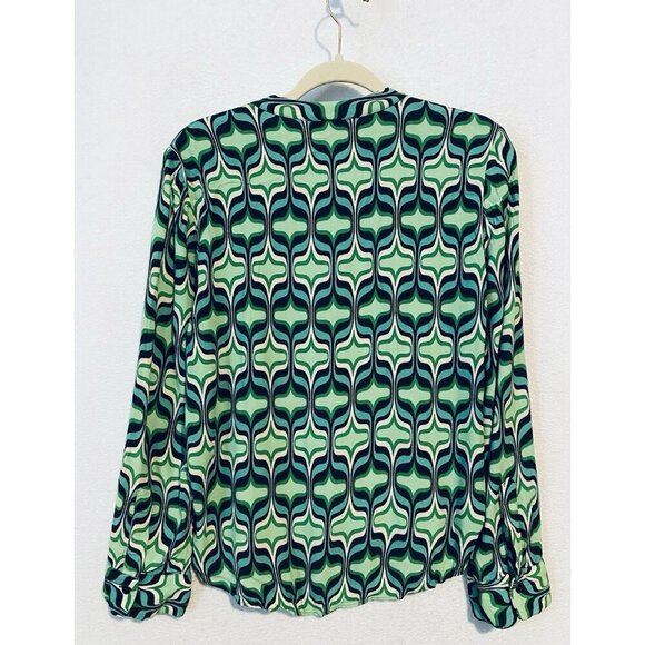 Zara Top Womens Medium Green Artsy Geometric Button Up Crinkle Gauze Boho Retro - Picture 4 of 7